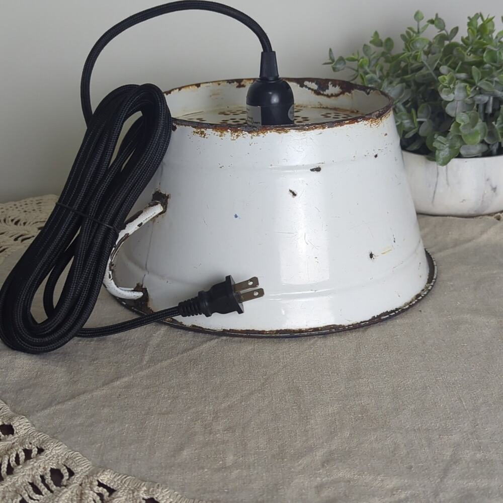 Vintage Enamel Colander Pendant Lamp Rustic Farmhouse Light w/ New Fixture